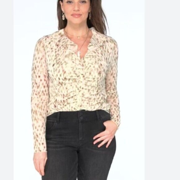 CAbi 4532 Dapple Speckled Ruffle Ruched Static Print Mesh Top - Picture 1 of 9